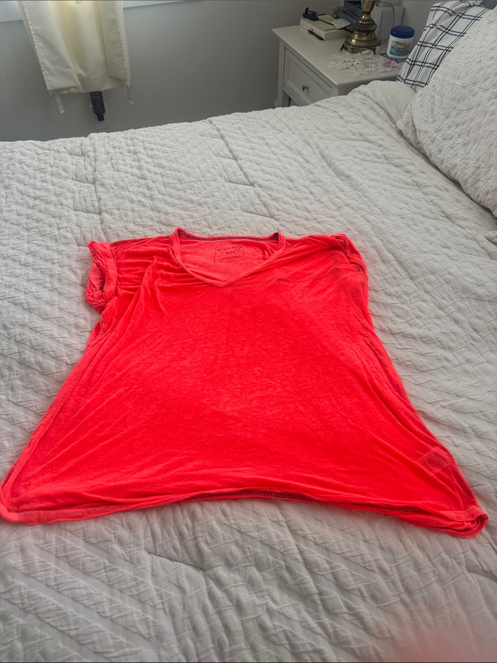 We The Free Bright Neon Coral V-Neck Short Sleeve Tee